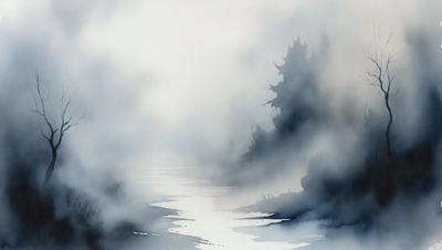 The primary subject of the image is a river flowing through a forest. The setting is a foggy, misty environment, creating a mysterious and serene atmosphere. The visual style is a painting, with the artist using a combination of colors and textures to create a realistic and captivating scene. The dominant colors are shades of blue and gray, which contribute to the overall mood of the painting.