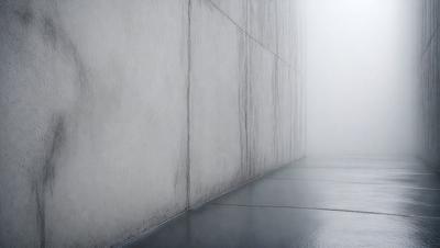 The primary subject of the image is a white wall with a damp, foggy appearance. The setting is a hallway, and the visual style is a photo. The colors and mood of the image are predominantly gray and moody, creating a sense of mystery and atmosphere.