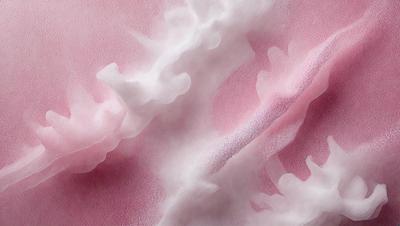 The primary subject of the image is a pink, flowery background with a white, fluffy texture. The setting appears to be a cloudy sky, and the visual style is a combination of photo and digital art. The dominant colors are pink and white, creating a soft and delicate atmosphere.