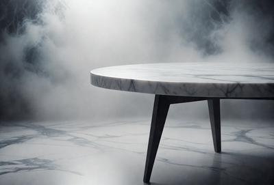 The primary subject of the image is a round table with a marble top. The table is placed on a white marble floor, which serves as the setting for the scene. The visual style of the image is a photo, capturing the details of the table and floor. The colors and mood of the image are predominantly white, giving it a clean and elegant appearance.