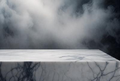 The primary subject of the image is a marble countertop. The setting is a dark room with a cloudy atmosphere. The visual style is a photo, and the colors and mood are dark and moody.