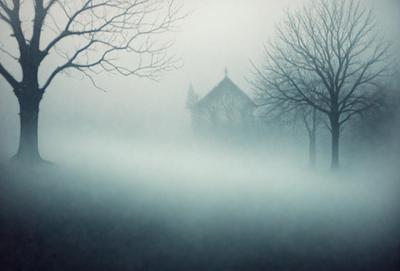 The primary subject of the image is a church with a steeple, surrounded by a foggy, misty forest. The setting is a foggy, misty forest with a church in the background. The visual style is a photo, capturing the atmosphere of the foggy forest and the church. The colors and mood of the image are predominantly blue and moody, creating a sense of mystery and tranquility.