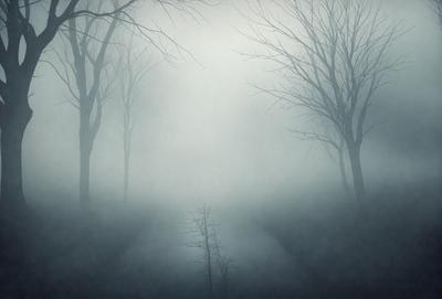 The primary subject of the image is a tree with a single branch, surrounded by a forest. The setting is a foggy, misty forest with a hazy atmosphere. The visual style is a painting, which gives the image a surreal and dreamy quality. The dominant colors are shades of gray, blue, and white, creating a moody and mysterious mood.