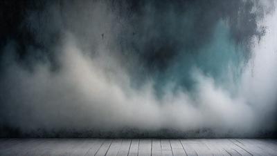 The primary subject of the image is a large, white cloud that is floating in the sky. The setting is a wall with a wooden floor, and the visual style appears to be a photo. The cloud is the main focus of the image, and it creates a dramatic and moody atmosphere.