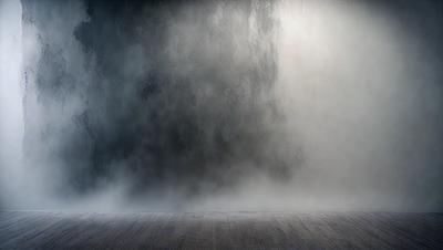 The primary subject of the image is a large, gray wall with a white background. The setting is a room with a wooden floor. The visual style is a photo, and the dominant colors are gray and white, creating a moody atmosphere.