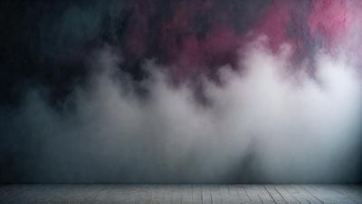 The primary subject of the image is a painting of a cloudy sky. The setting is a wall, and the visual style is a painting. The dominant colors in the painting are red, purple, and pink, creating a moody and dramatic atmosphere.