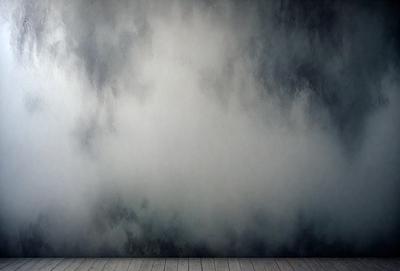 The primary subject of the image is a large, white wall with a cloudy sky painted on it. The setting is a room with a wooden floor. The visual style is a painting, and the dominant colors are white and gray, creating a calm and serene atmosphere.