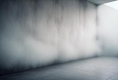 The primary subject of the image is a white wall with a gray texture. The setting is a room with a white floor. The visual style is a black and white photo. The dominant colors are white and gray, creating a calm and minimalistic atmosphere.