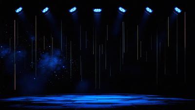 The primary subject of the image is a stage with a blue background. The setting is a darkened stage with a blue background, and the visual style is a digital art or illustration. The colors and mood of the image are predominantly blue, creating a calm and serene atmosphere.