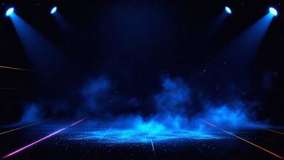 The primary subject of the image is a blue foggy sky. The setting is a dark room with a blue background. The visual style is a digital art or illustration, creating a surreal and dreamy atmosphere. The colors and mood are predominantly blue, with a hint of red, giving the scene a serene and mysterious vibe.