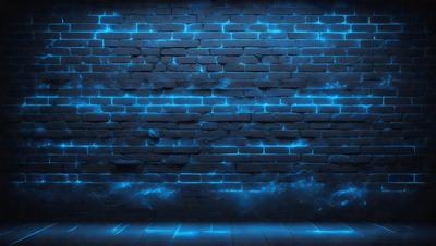 The primary subject of the image is a blue brick wall. The setting is a dark room with a blue brick wall as the main focus. The visual style is a digital art or illustration, creating a unique and captivating atmosphere. The dominant colors are blue and black, giving the scene a moody and mysterious vibe.