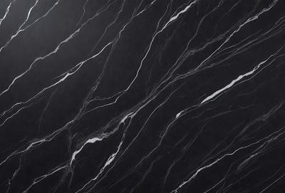 The primary subject of the image is a black marble countertop with a pattern of white veins. The setting is a kitchen, and the visual style is a close-up of the marble countertop. The colors and mood of the image are predominantly black and white, giving it a sleek and modern appearance.