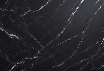 The primary subject of the image is a black marble countertop. The setting is a kitchen, with the countertop being the main focus of the scene. The visual style is a close-up of the marble countertop, showcasing its texture and pattern. The colors and mood of the image are predominantly dark, with the black marble countertop being the main source of contrast.