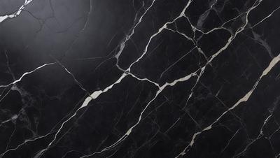 The primary subject of the image is a black marble countertop with a gold pattern. The setting is a kitchen, and the visual style is a close-up of the marble countertop. The dominant colors are black and gold, creating a luxurious and elegant atmosphere.