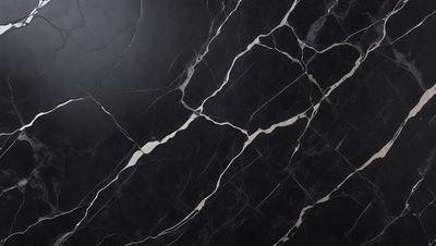 The primary subject of the image is a black marble countertop with a gold pattern. The setting is a kitchen, and the visual style is a close-up of the marble countertop. The dominant colors are black and gold, creating a luxurious and elegant atmosphere.