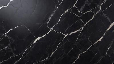 The primary subject of the image is a black marble countertop with a gold pattern. The setting is a kitchen, and the visual style is a close-up of the marble countertop. The dominant colors are black and gold, creating a luxurious and elegant atmosphere.