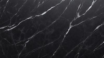 The primary subject of the image is a marble countertop with a black and white pattern. The setting is a kitchen, and the visual style is a close-up of the marble countertop. The colors and mood of the image are predominantly black and white, giving it a classic and elegant appearance.