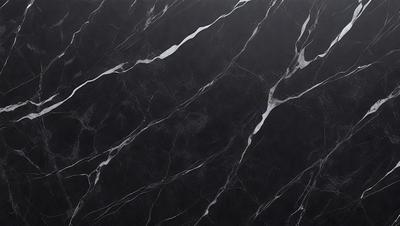 The primary subject of the image is a marble countertop with a black and white pattern. The setting is a kitchen, and the visual style is a close-up of the marble countertop. The colors and mood of the image are predominantly black and white, giving it a classic and elegant appearance.