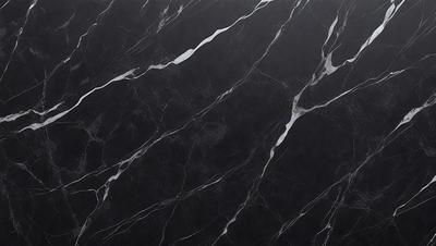 The primary subject of the image is a marble countertop with a black and white pattern. The setting is a kitchen, and the visual style is a close-up of the marble countertop. The colors and mood of the image are predominantly black and white, giving it a classic and elegant appearance.