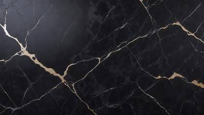 The primary subject of the image is a black marble countertop with a gold pattern. The setting is a kitchen, and the visual style is a close-up of the marble countertop. The dominant colors are black and gold, creating a luxurious and elegant atmosphere.