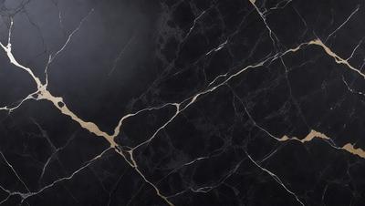 The primary subject of the image is a black marble countertop with a gold pattern. The setting is a kitchen, and the visual style is a close-up of the marble countertop. The dominant colors are black and gold, creating a luxurious and elegant atmosphere.
