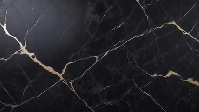 The primary subject of the image is a black marble countertop with a gold pattern. The setting is a kitchen, and the visual style is a close-up of the countertop. The dominant colors are black and gold, creating a luxurious and elegant atmosphere.