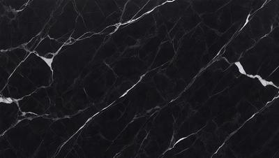 The primary subject of the image is a marble countertop with a black and white pattern. The setting is a kitchen, and the visual style is a close-up of the marble countertop. The colors and mood of the image are predominantly black and white, giving it a classic and elegant appearance.