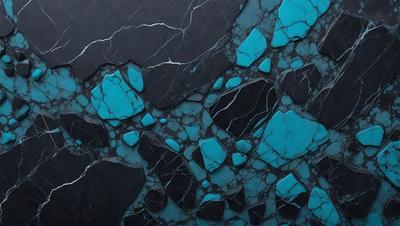 The primary subject of the image is a blue and black marbled surface, which appears to be a piece of marble or a marbled wall. The setting is a dark room, and the visual style is a close-up of the marbled surface. The dominant colors are blue and black, creating a moody and dramatic atmosphere.