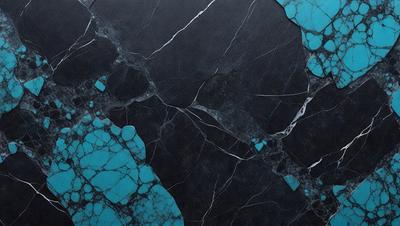 The primary subject of the image is a large, blue-tinted marble wall. The setting is a dark room, and the visual style appears to be a photo of the marble wall. The colors and mood of the image are predominantly dark and moody, with the blue tint of the marble wall adding a touch of elegance and sophistication to the scene.