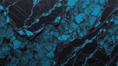 The primary subject of the image is a blue marble wall with a pattern of holes in it. The setting is a dark room, and the visual style appears to be a photo. The dominant colors are blue and black, creating a moody atmosphere.