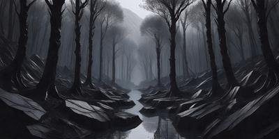 The primary subject of the image is a river flowing through a forest. The river is surrounded by trees, creating a serene and natural atmosphere. The setting is a forest with a rocky path, and the visual style is a digital art or illustration. The colors and mood of the image are predominantly dark, with a sense of mystery and tranquility.