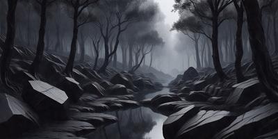 The primary subject of the image is a river flowing through a forest. The river is surrounded by large rocks, creating a scenic and serene atmosphere. The setting is a forest with trees and rocks, providing a natural and peaceful backdrop. The visual style of the image is a black and white drawing, giving it a classic and timeless appearance. The colors and mood of the image are predominantly dark, with the river and rocks being the main focus, creating a sense of calmness and tranquility.