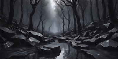 The primary subject of the image is a forest with a stream running through it. The setting is a dark, foggy forest with trees and rocks surrounding the stream. The visual style is a black and white illustration, giving the scene a moody and dramatic atmosphere. The dominant colors are shades of gray, black, and white, with the stream reflecting the surrounding environment.