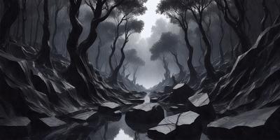 The primary subject of the image is a forest with a river flowing through it. The setting is a dark, moody forest with a rocky riverbed. The visual style is a black and white illustration, giving the scene a dramatic and mysterious atmosphere. The colors and mood are primarily dark and ominous, with the rocks and trees creating a sense of depth and intrigue.