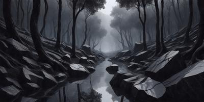 The primary subject of the image is a river flowing through a forest. The river is surrounded by rocks, and the trees are visible in the background. The visual style of the image is a black and white drawing, giving it a classic and timeless appearance. The colors and mood of the image are predominantly dark, with the river and rocks being the main focus.