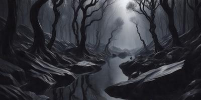 The primary subject of the image is a forest with a river flowing through it. The setting is a dark, moody forest with a rocky riverbed. The visual style is a black and white drawing, giving the scene a dramatic and mysterious atmosphere. The colors and mood are predominantly dark, with the river and rocks being the main focus of the image.