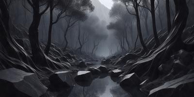 The primary subject of the image is a forest with a river flowing through it. The setting is a dark, moody forest with a rocky riverbed. The visual style is a black and white illustration, giving the scene a dramatic and mysterious atmosphere. The colors and mood are predominantly dark, with the rocks and trees creating a sense of depth and intrigue.