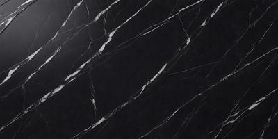 The primary subject of the image is a black marble countertop with white veins. The setting is a kitchen, and the visual style is a close-up of the marble countertop. The colors and mood of the image are predominantly black and white, giving it a sleek and modern appearance.