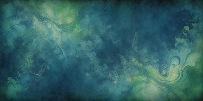 The primary subject of the image is a blue and green water-like surface, which appears to be a painting or drawing. The setting is a blue ocean, and the visual style is a combination of digital art and illustration. The colors and mood of the image are predominantly blue and green, creating a serene and calming atmosphere.
