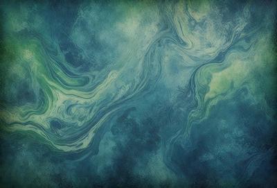 The primary subject of the image is a painting of a blue ocean with waves. The setting is a blue background, and the visual style is a digital art or illustration. The dominant colors are blue and green, creating a serene and calming atmosphere.