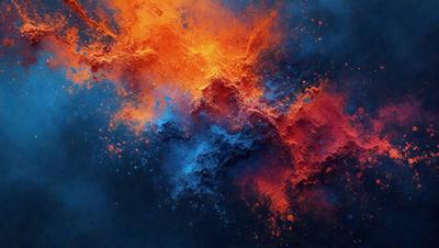 The primary subject of the image is a close-up of a colorful, swirling, and abstract painting. The painting is displayed on a dark blue background, which contrasts with the vibrant colors of the artwork. The visual style of the image is a combination of digital art and illustration, creating a unique and captivating piece of art. The dominant colors in the painting are red, blue, and orange, which contribute to the overall mood of the artwork, evoking a sense of energy and creativity