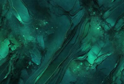 The primary subject of the image is a large, dark blue, and green painting of a tree. The setting is a dark, blue-green background, which complements the painting. The visual style is a painting, and the colors and mood are dark and moody.