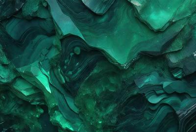 The primary subject of the image is a large, intricate, and colorful rock formation. The setting is a natural environment, with the rock formation as the main object. The visual style is a combination of photo and digital art, creating a unique and captivating image. The dominant colors are green and blue, giving the scene a vibrant and lively atmosphere.