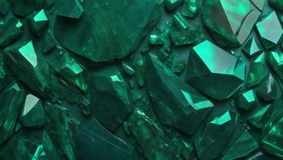 The primary subject of the image is a large collection of green crystals, which are arranged in a visually appealing manner. The setting is a dark background, which contrasts with the vibrant green color of the crystals. The visual style of the image is a close-up of the crystals, showcasing their intricate details. The colors and mood of the image are predominantly green, creating a serene and calming atmosphere.