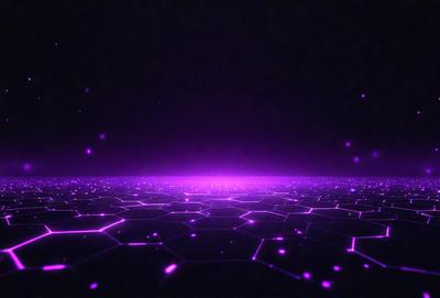 The primary subject of the image is a purple, hexagonal pattern. The setting is a dark, star-filled sky, creating a contrasting backdrop for the pattern. The visual style is a combination of digital art and illustration, with the purple hexagons appearing as a digital artwork against the star-filled sky. The colors and mood of the image are predominantly purple, creating a sense of calmness and tranquility.