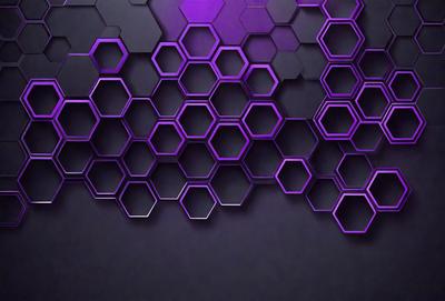 The primary subject of the image is a purple hexagonal pattern. The setting is a dark background, which contrasts with the purple hexagons. The visual style appears to be a digital art or illustration, as the hexagons are arranged in a visually appealing manner. The colors and mood of the image are predominantly purple, creating a sense of calmness and sophistication.