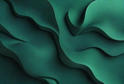 The primary subject of the image is a green, curved wall with a patterned texture. The setting is a room with a green background, and the visual style appears to be a combination of a photo and digital art. The dominant colors are green and blue, creating a calm and soothing atmosphere.