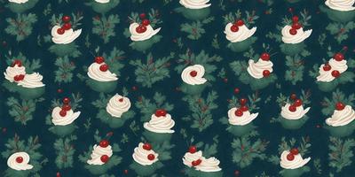 The primary subject of the image is a pattern of white whipped cream with red cherries on top. The setting is a blue background, which adds a contrasting color to the scene. The visual style is a combination of digital art and illustration, creating a unique and appealing design. The colors and mood of the image are predominantly white and red, giving it a fresh and vibrant appearance.