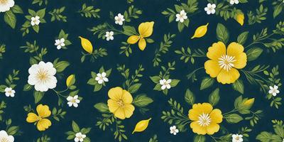 The primary subject of the image is a pattern featuring yellow flowers, green leaves, and white flowers. The setting is a blue background, which creates a contrast with the yellow flowers. The visual style is a combination of digital art and illustration, giving the flowers a vibrant and lively appearance. The dominant colors are yellow, green, and white, creating a cheerful and lively atmosphere.