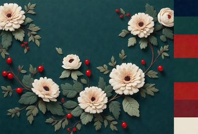 The primary subject of the image is a beautifully crafted floral arrangement, featuring white flowers and red berries. The setting is a green background, which provides a vibrant contrast to the flowers and berries. The visual style of the image is a combination of photo and digital art, creating a realistic yet artistic representation of the flowers and berries. The colors and mood of the image are predominantly white and red, giving it a warm and inviting atmosphere.